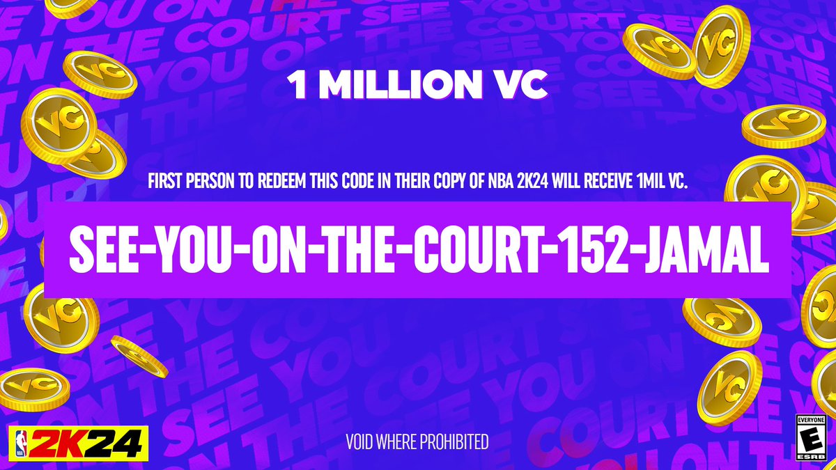 Happy #2KDay 🙌  First person to redeem this code in #NBA2K24 will get 1 million VC. Void where prohibited. @nba2k