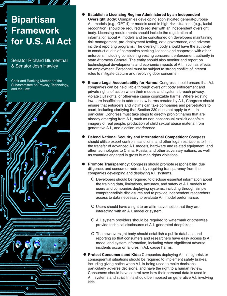 This bipartisan framework is a milestone—the first tough, comprehensive legislative blueprint for real, enforceable AI protections. It should put us on a path to addressing the promise & peril AI portends.