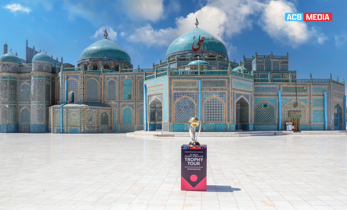 ACBofficials's tweet photo. The ICC Cricket World Cup Trophy in the revered Blue Mosque and the iconic shrine of Hazrat Ali in Mazar Sharif 🤩🏆

#Afghanistan | #CWC23 https://t.co/0BQzaMPx9q