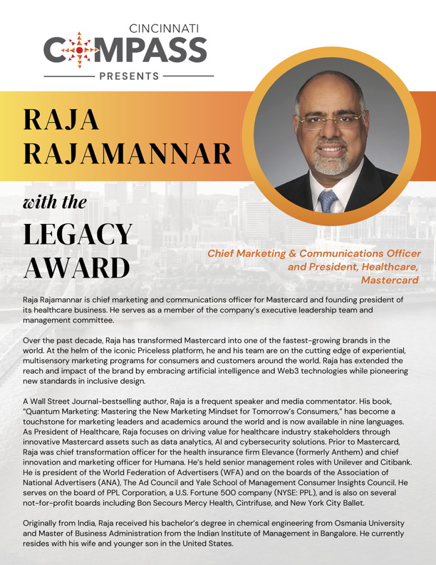 Marketing can be a force for growth and a force for good. At the core of the work is authenticity, listening, and trust. Demonstrating this is why we are honored to present <a href="/RajaRajamannar/">Raja Rajamannar</a> with the Legacy Award. Join us to celebrate his work: eventbrite.com/e/cincinnati-c…