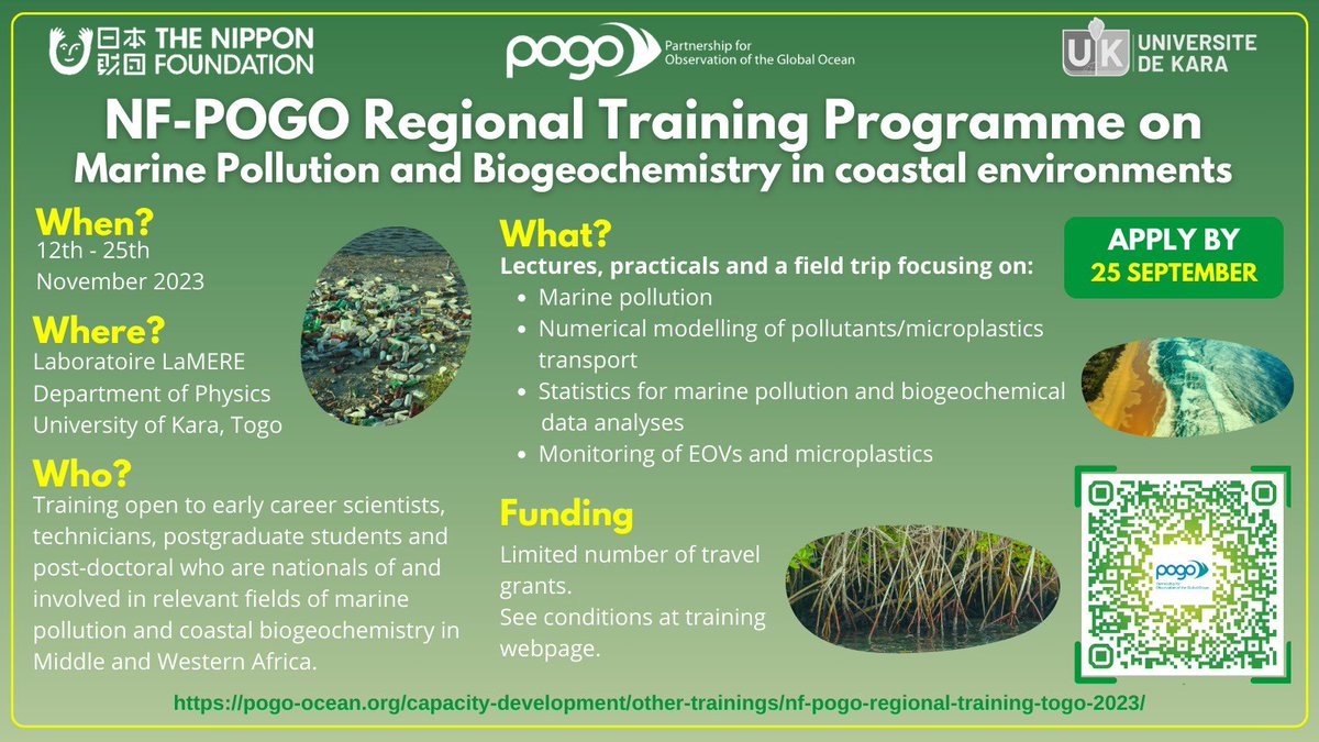 The 2023 @NipponZaidan -POGO Regional Training in Togo will be hosted by @KaraUniversite. Applications are now open for #earlycareers involved in relevant fields of #marinepollution and #coastalbiogeochem in Middle and Western Africa. Read more at shorturl.at/lwzAN