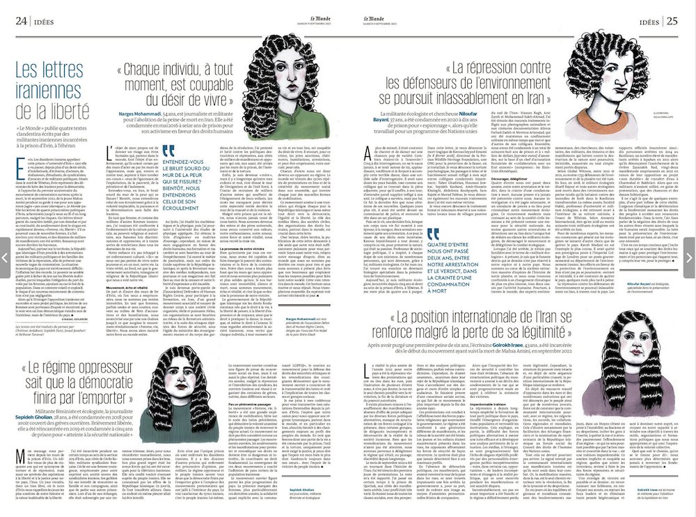 Quatre lettres se sont échappées de la prison d'Evin. Des textes puissants qui montrent le caractère inédit de la contestation "Femme Vie Liberté" et qui confirment que l'avenir de l'Iran démocratique se trouve à l'intérieur du pays, et non à l'extérieur <a href="/GhazalGolshiri/">Ghazal Golshiri</a>