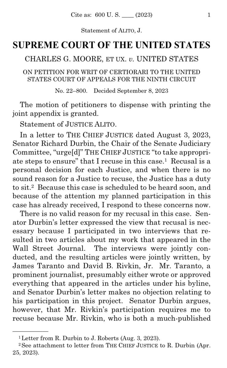 nycsouthpaw's tweet image. Justice Alito, in an official response to Senator Durbin, says his collaboration with an attorney in a major forthcoming tax case on a pair of WSJ op-eds is not a sufficient reason to recuse himself from hearing and deciding that case.  supremecourt.gov/orders/courtor…