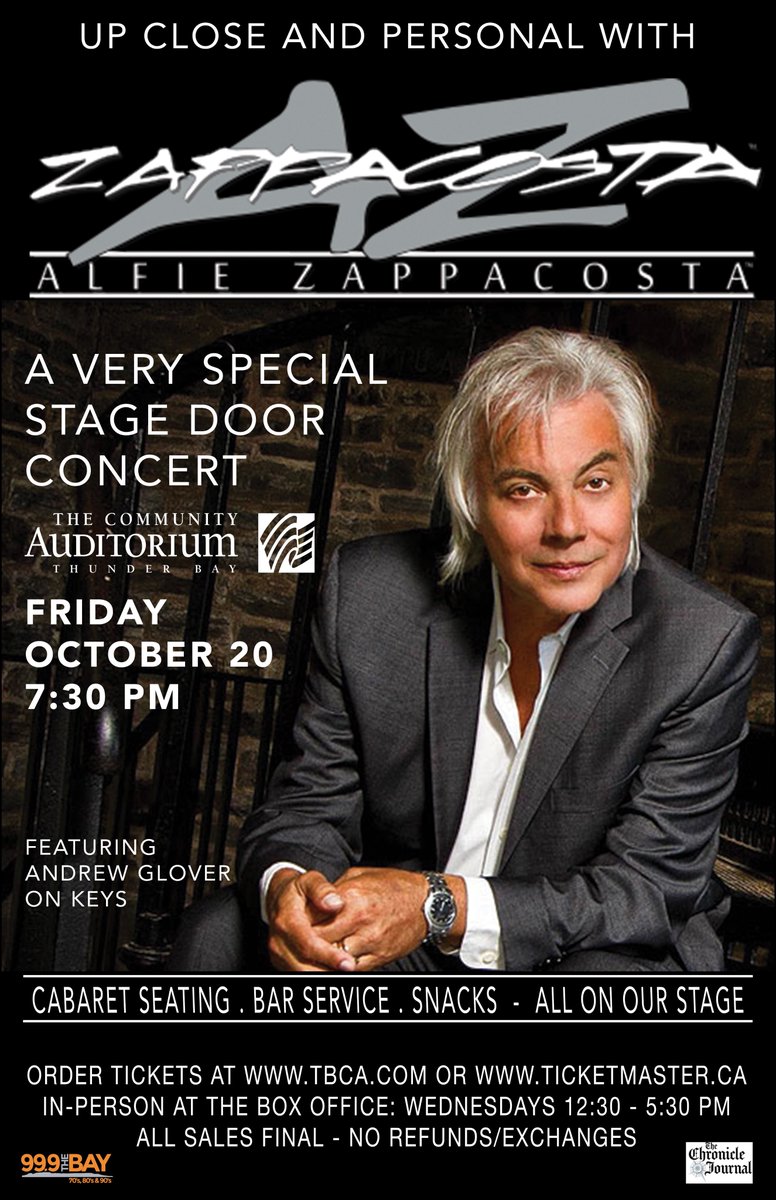 ALFIE ZAPPACOSTA returns to your TBCA on Friday, Oct. 20, for a very special Up Close and Personal Stage Door performance. Get your tickets today starting at 10 am at tbca.com or ticketmaster.ca or in-person on Wednesdays from 12:30 - 5:30 pm.