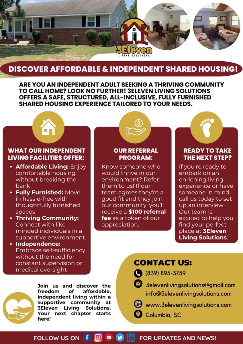 3elevenliving's tweet image. If you're ready to embark on an enriching living experience or have someone in mind, engage with us today!

📞 (839) 895-3759⁣
📩 3elevenlivingsolutions@gmail.com
🌐 3elevenlivingsolutions.com

#3elevenlivingsolutions #housingprogram #independentlivingfacility #referralbonus