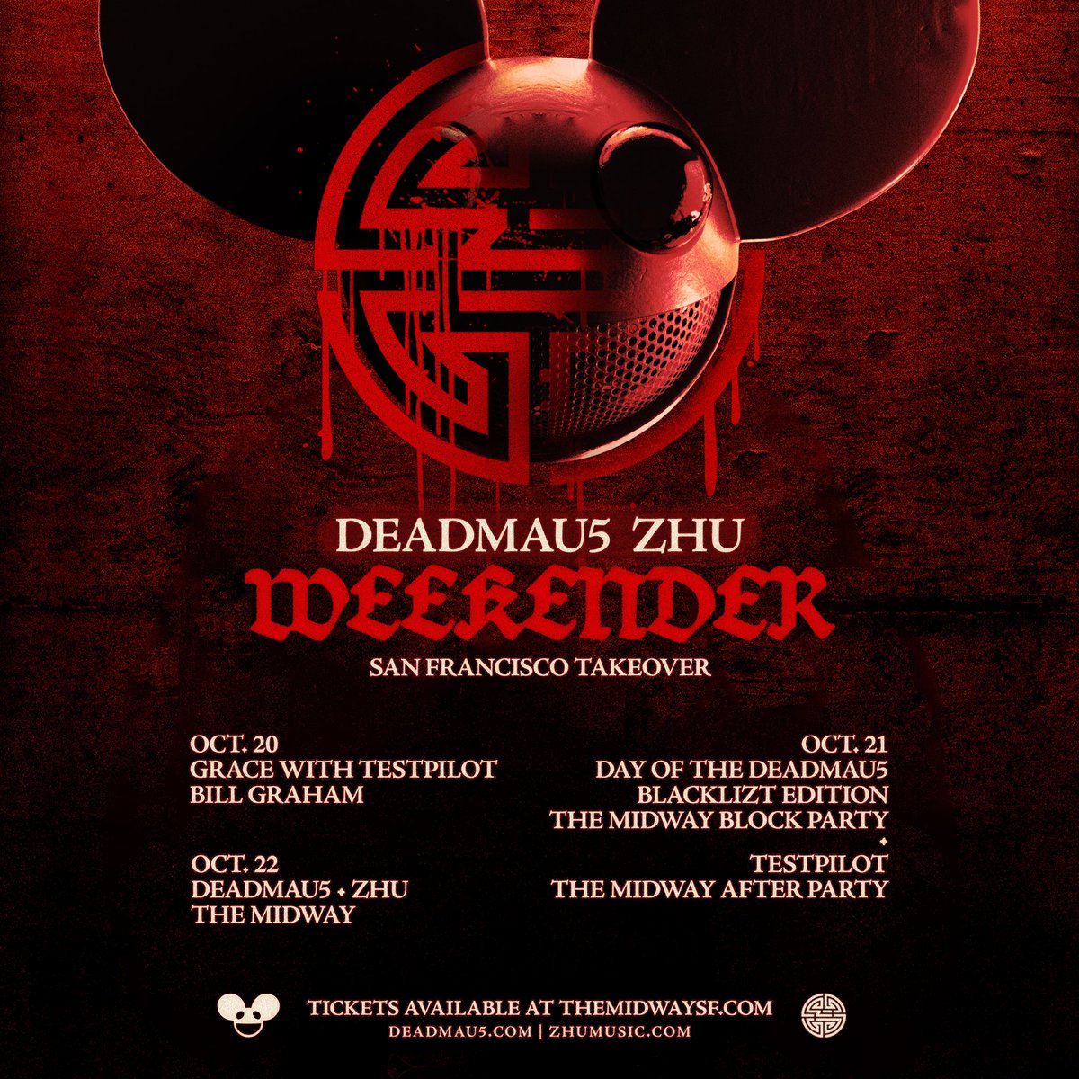 mau5 + @ZHUmusic San Francisco takeover! tap for 10/22 @Themidwaysf block party pre-sale info: tixr.com/e/80114