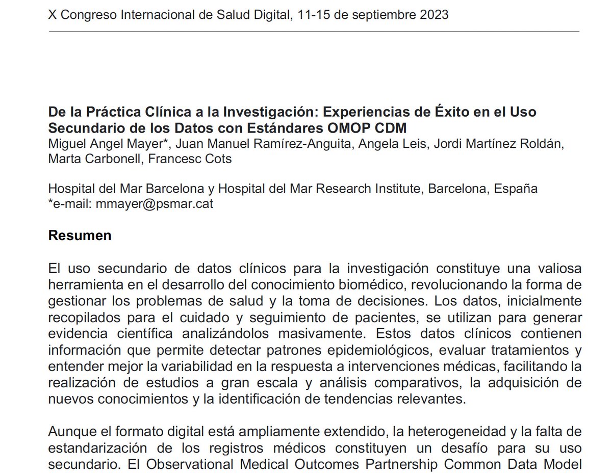 Miguel-Angel Mayer (@mmayerp) on Twitter photo Presentamos en el X Congreso Internacional de #Salud #Digital nuestra experiencia en el uso secundario datos clínicos para #investigación <a href="/angelaleism/">Angela Leis</a> JM Ramírez <a href="/jordimartinez67/">Jordi Martínez</a> M. Carbonell, F. Cots <a href="/hospitaldelmar/">Hospital del Mar</a> <a href="/HMar_research/">HMar Research Institute</a> <a href="/GRIB_Barcelona/">Bioinformatics GRIB</a>
uik.eus/sites/default/… Presentamos en el X Congreso Internacional de #Salud #Digital nuestra experiencia en el uso secundario datos clínicos para #investigación <a href="/angelaleism/">Angela Leis</a> JM Ramírez <a href="/jordimartinez67/">Jordi Martínez</a> M. Carbonell, F. Cots <a href="/hospitaldelmar/">Hospital del Mar</a> <a href="/HMar_research/">HMar Research Institute</a> <a href="/GRIB_Barcelona/">Bioinformatics GRIB</a>
uik.eus/sites/default/…