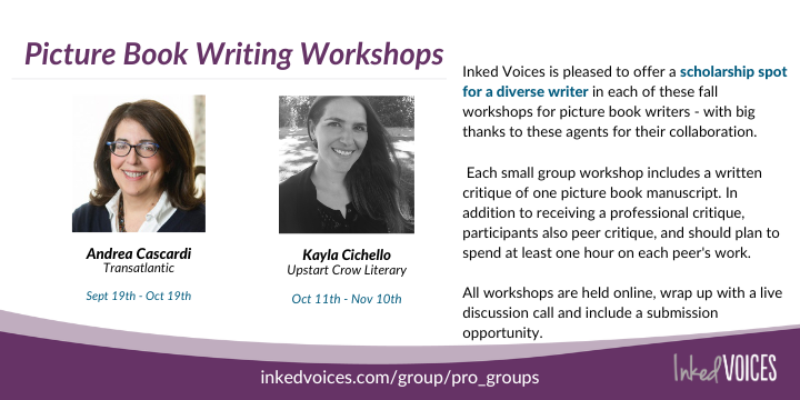 Picture book writers in the query trenches: we're offering a scholarship for a writer from a diverse background in fall workshops with agents Andrea Cascardi and Kayla Cicello. One (short!) application for both. Due Sun night 9/10 app.inkedvoices.com/event/workshop… app.inkedvoices.com/event/workshop…