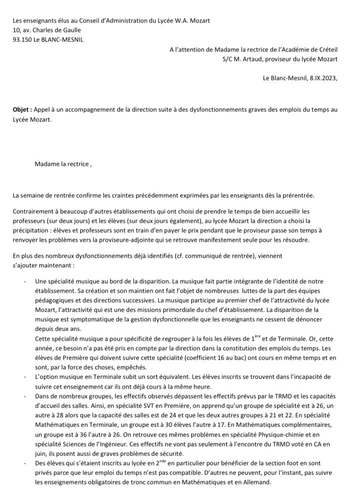 mozart_en_lutte's tweet photo. Suite aux graves dysfonctionnements des emplois du temps, les enseignants élus au CA du Lycée Mozart s’adressent solennellement à la rectrice afin qu’elle dépêche un proviseur vie scolaire pour accompagner la direction. C’est urgent. https://t.co/h75RWV8kue
