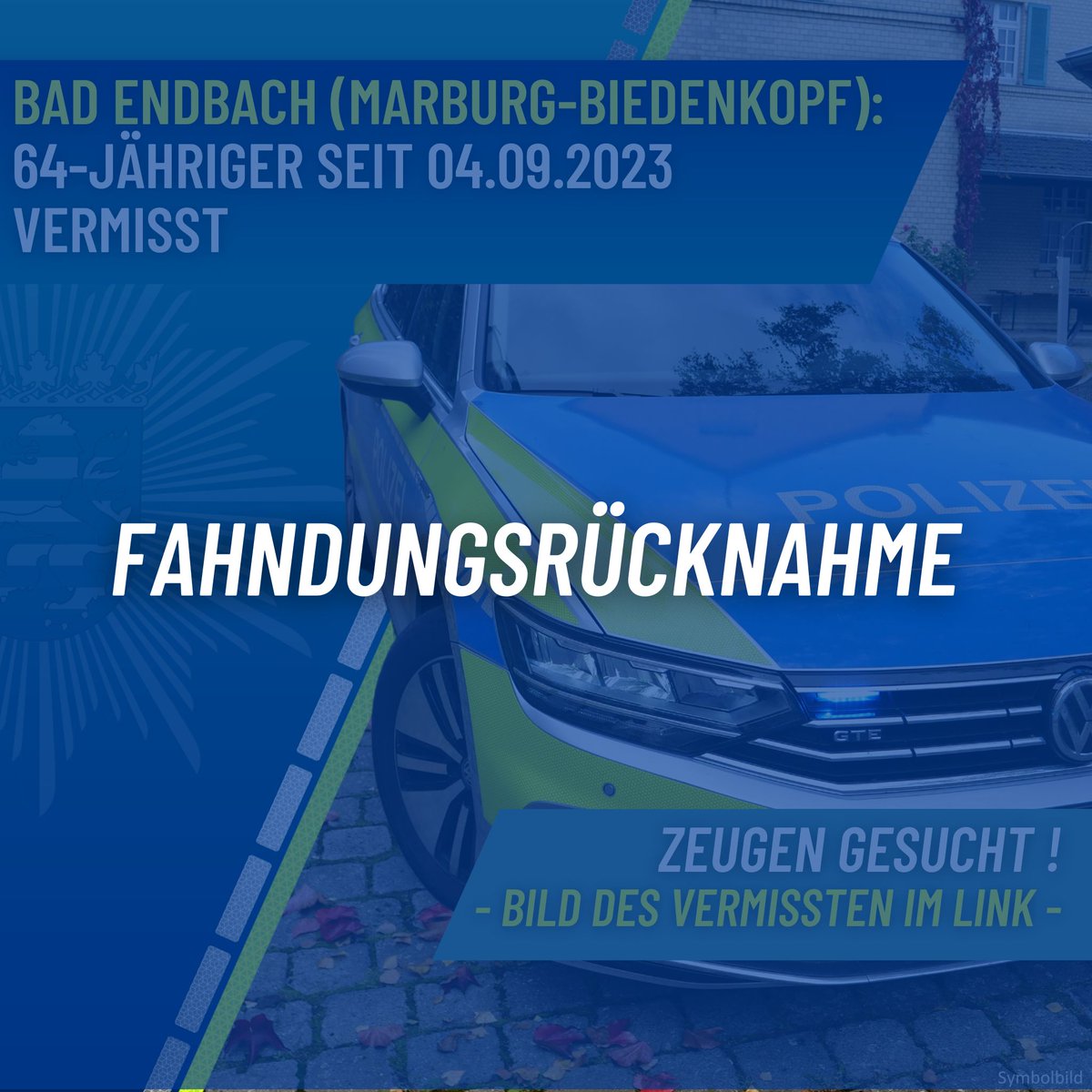 Polizei_MH's tweet photo. ℹ UPDATE 08.09.2023, 15:34 Uhr:
Der Vermisste ist wieder da.
Er wurde heute sehr geschwächt aufgefunden und befindet sich derzeit in ärztlicher Behandlung.
Vielen Dank für eure Unterstützung ❗
Zur Pressemeldung: ⤵️
https://t.co/Wd2BDy7J7c
#Polizei #Mittelhessen #BadEndbach https://t.co/SaeMqjJ4mh