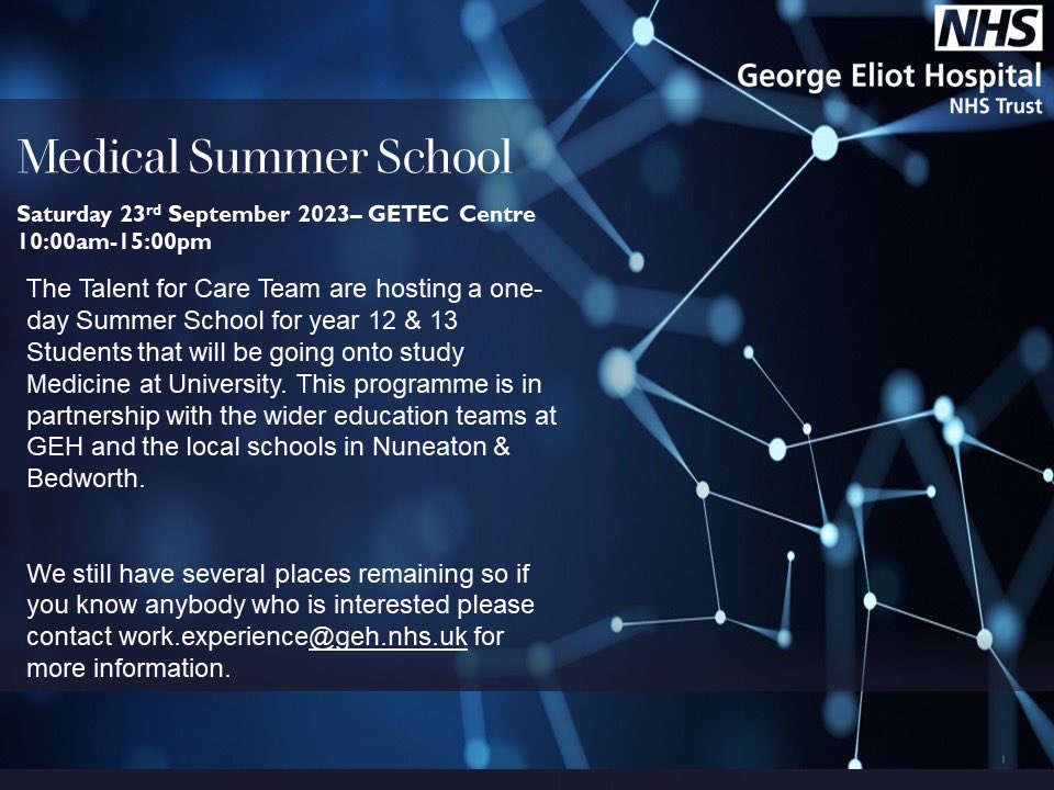 GEHWATeam's tweet photo. The Talent For Care Team at GEH are hosting a one-day Medical Summer School for year 12 & 13 students this month!!
Follow the link to register…
https://t.co/0dSHiYnxMP
#GEH
#TalentForCare
#MedicalSchoolSummer
#GETEC
#Midlands https://t.co/KfsVTgA7xA