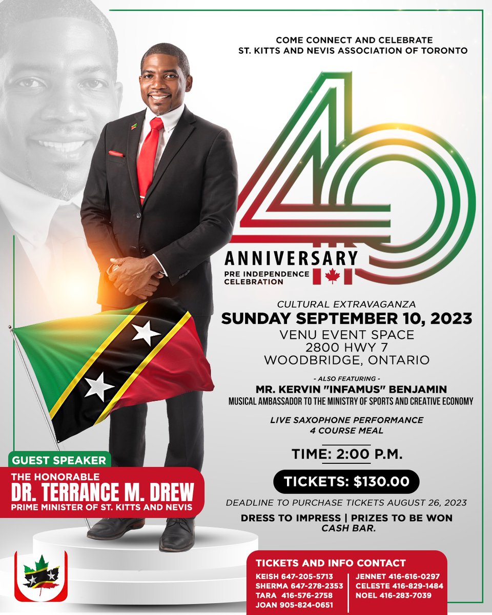 I am looking forward to meeting my fellow Kittitian and Nevisian nationals at the upcoming SKNAT Pre-Independence Event in Canada, as we celebrate Saint Kitts and Nevis' 40th Anniversary of Independence. 
#Independence40 #SaintKittsAndNevis #TorontoEvents