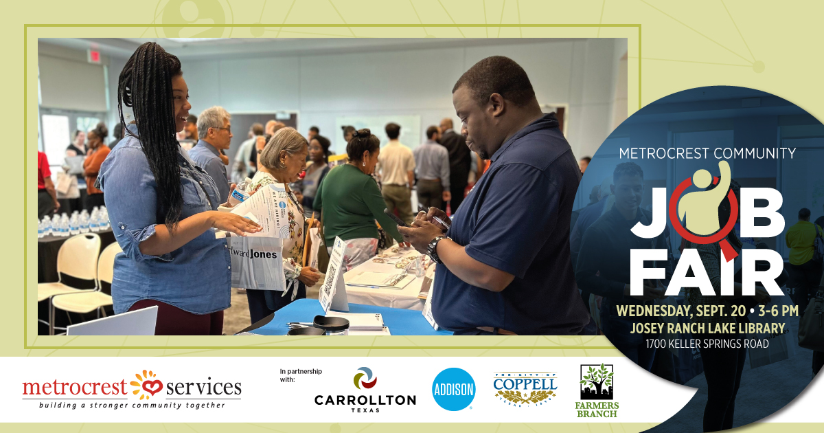 Update your resume & make your way to the FREE @MetrocrestHelps Community Job Fair on Wed., Sept. 20 from 3-6pm at the @CarrolltonTxLib Josey Ranch Lake Library. Meet local employers from a variety of fields—including the City of Carrollton. Details: cityofcarrollton.com/Home/Component….