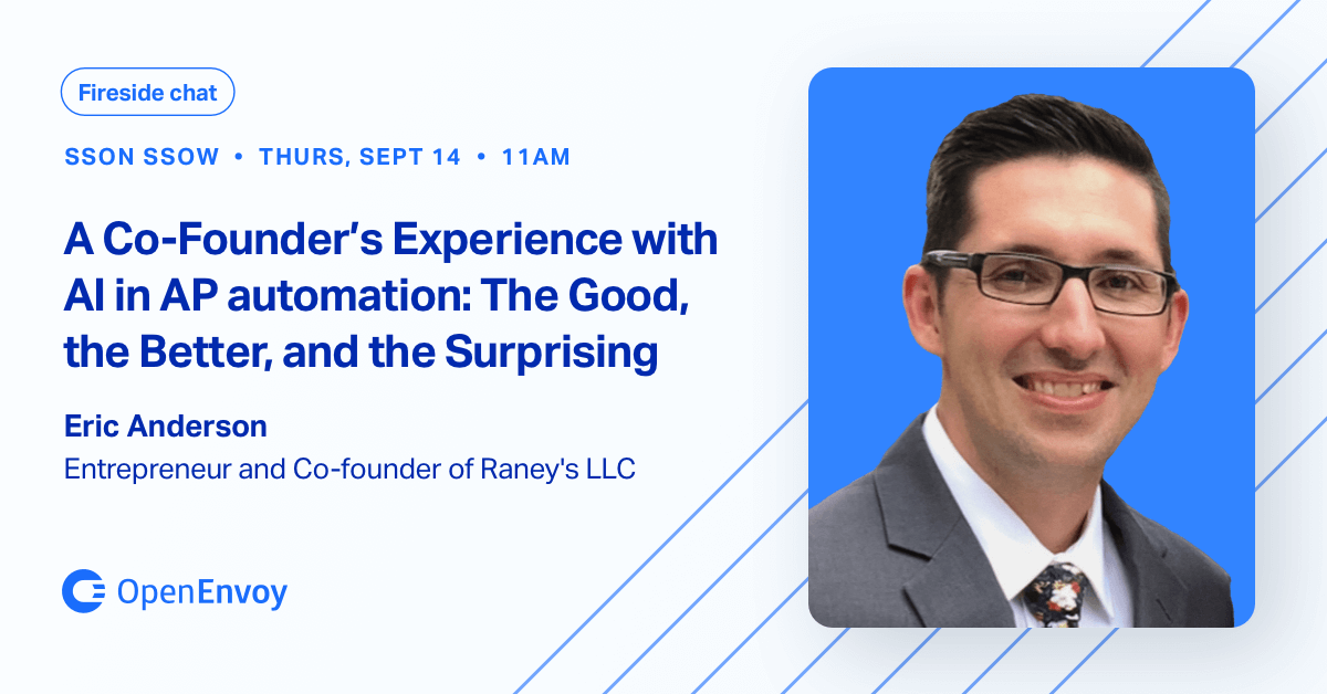 OpenEnvoy's tweet photo. Attend Fireside Chat Sept 14, 11:00am @ssonetwork #SSOWeek. @Eze2121 of @raneyschrome shares his experience with #AI in #AP. Practical steps for evaluating next-gen solutions. Bring an electronic #invoice to booth 103 to see 100% accurate #data #extraction https://t.co/f4YCscwpsT https://t.co/7jBJC3qMTQ