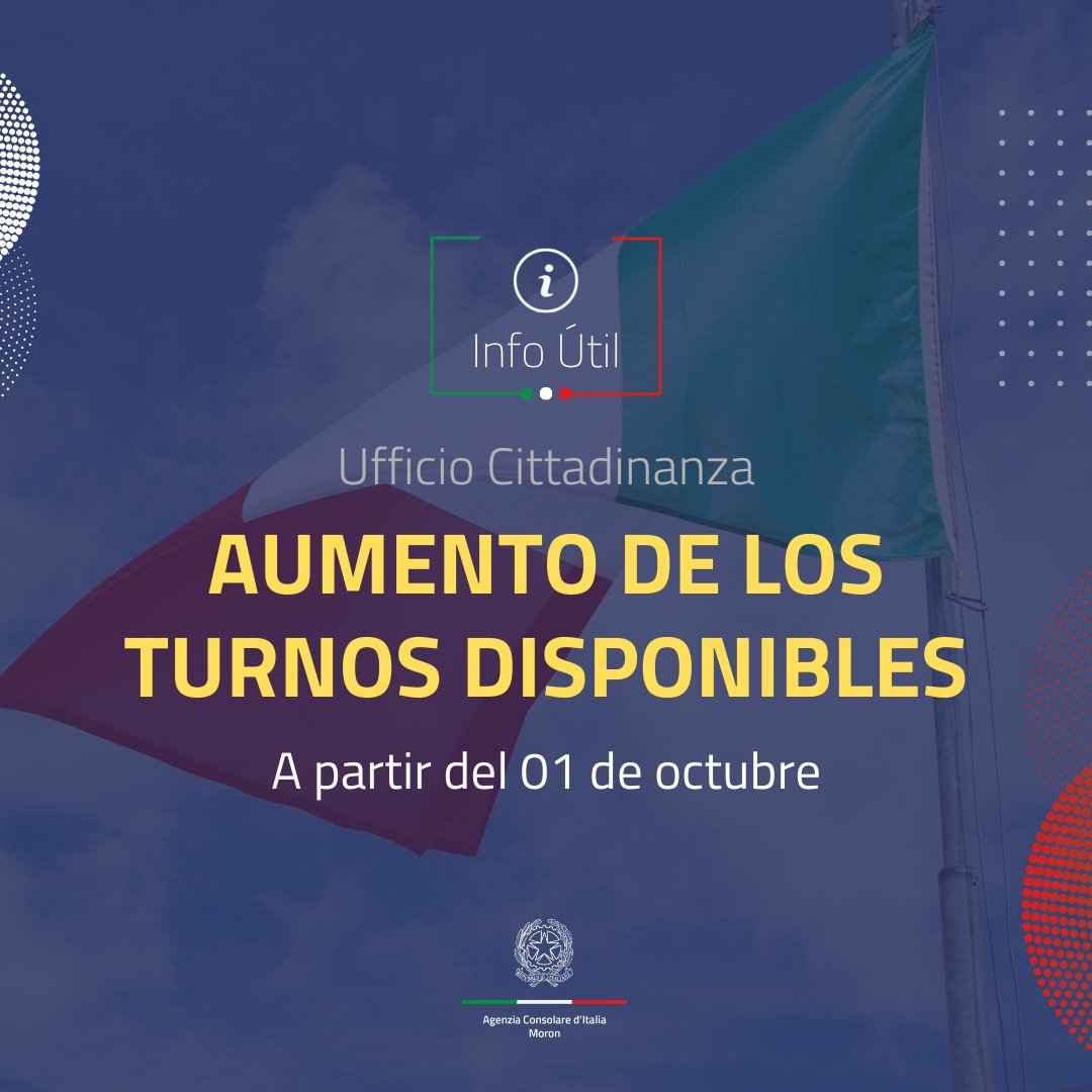 MoronItaly's tweet photo. 📢¡Info importante!
👉 A partir del domingo 01 de octubre se aumentará el
número de turnos disponibles para solicitar el
reconocimiento de ciudadanía.
📲 ¿Tenés dudas sobre nuestros servicios? Agenda el 11-6271-3009 y escribinos un mensaje de
WhatsApp para chatear con #BotIta https://t.co/nvvZDWJWhc