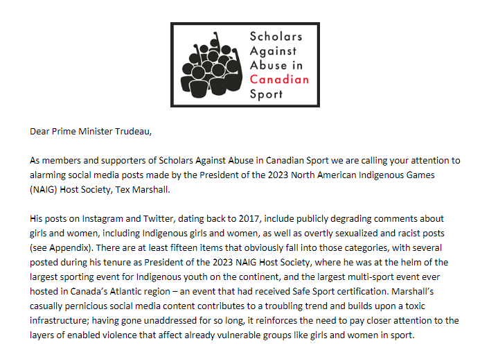 Open Letter: Scholars Against Abuse in Canadian Sport is calling on <a href="/JustinTrudeau/">Justin Trudeau</a> <a href="/CQualtro/">Carla Qualtrough</a> <a href="/PascaleStOnge_/">Pascale St-Onge</a> and <a href="/FKParsons/">Fiona Kirkpatrick Parsons</a> to address alarming social media posts made by the President of the 2023 North American Indigenous Games Host Society, Tex Marshall
scholarsagainstabuse.com/interventions