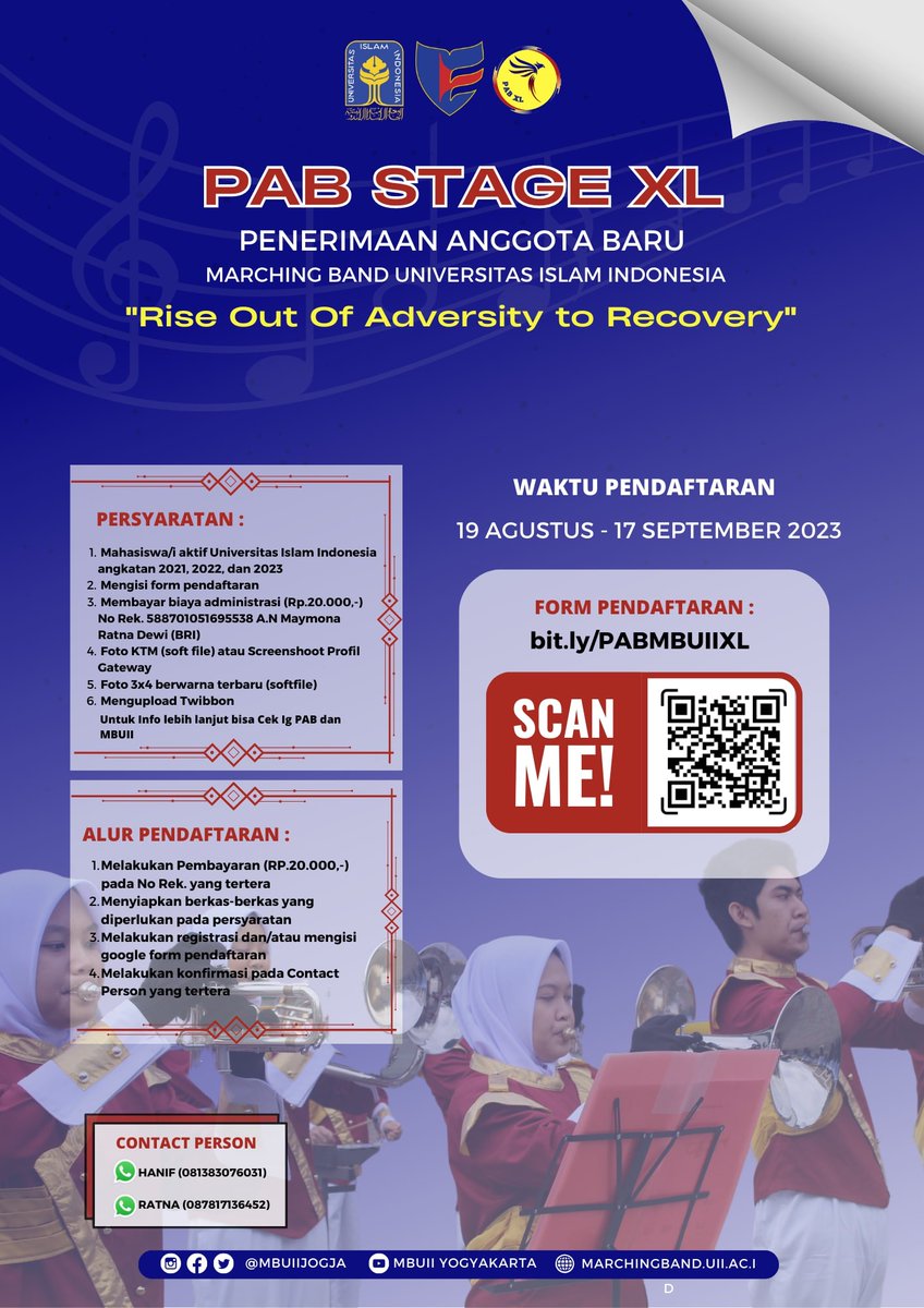 mbuiijogja's tweet photo. Assalamualaikum wr. wb teman-teman semua ✨

PENERIMAAN ANGGOTA BARU STAGE XL Telah dibuka ! 🎉
__________
Marching Band Universitas Islam Indonesia adalah lembaga khusus yang mewadahi bakat mahasiswa/i baik dalam bidang musik, koreografi, dan organisasi dibawah naungan- https://t.co/6ZFXU9Kgzo
