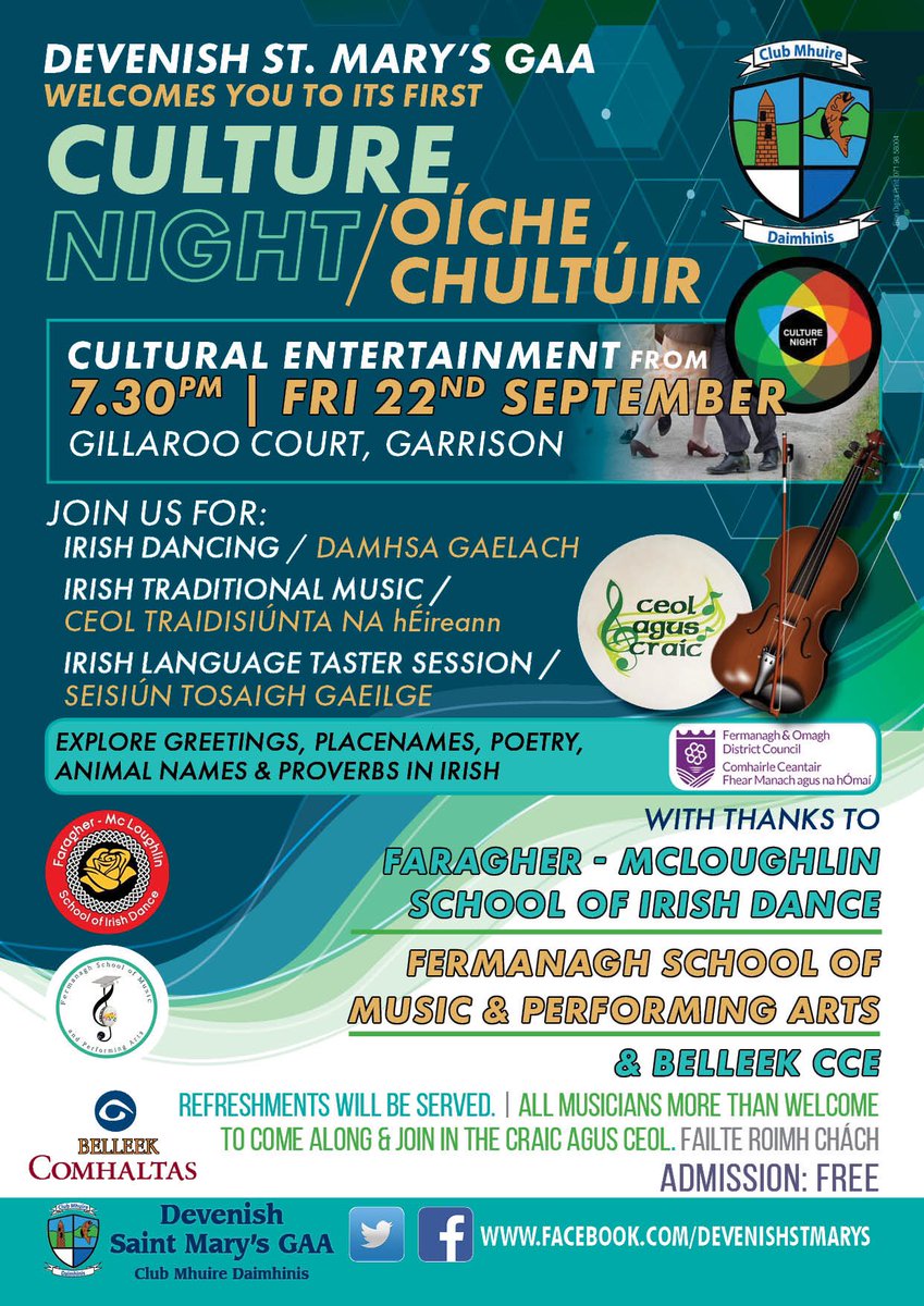 DevenishGAA's tweet photo. Save the date! 
The Club is hosting its first Culture Night / Oíche Chultúir from 7.30pm on Fri 22 Sept in the Gillaroo Court. Great night of cultural entertainment planned. All welcome including musicians to join in the craic agus ceol. Two weeks to go so please spread the word. https://t.co/pwqEbG6Wpm