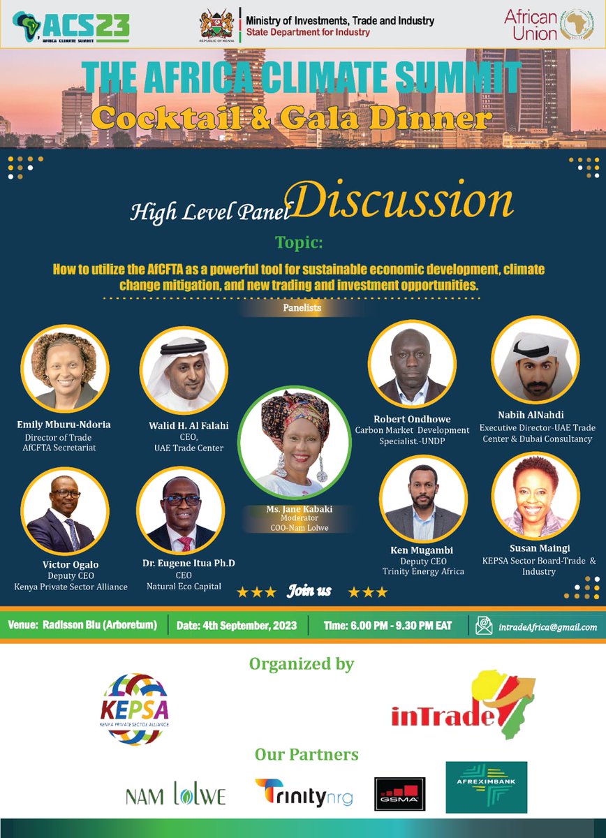 JaneKabaki's tweet photo. Moderated an Africa Climate Summit Side event under the title: Leveraging the AfCFTA to Promote Green Investments and Sustainable Trade In Africa" 
#AfricaClimateSummit23 
@NamlolweE @MburuNdoria https://t.co/9FVb8JsQTK