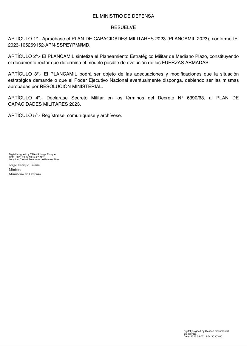 EMCFFAA_Arg's tweet photo. Relacionado con el Ciclo de Planeamiento de la Defensa Nacional,  iniciado con el dictado de la Directiva de Política de Defensa Nacional (#DPDN), se ha publicado la aprobación ministerial del Plan de Capacidades Militares (#PLANCAMIL). https://t.co/1vYkrsM1N6