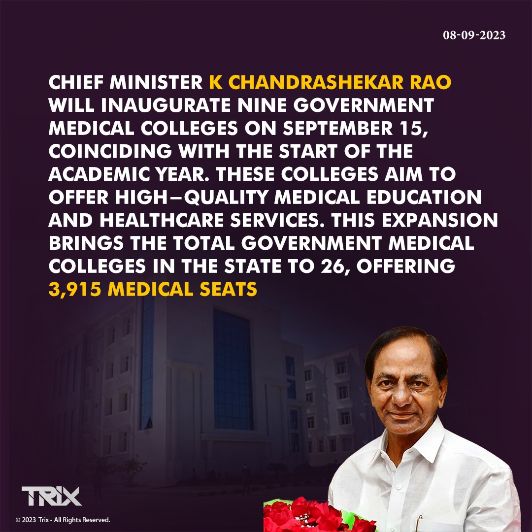 'Milestone Moment: KCR's September 19 Inauguration of 9 New Medical Colleges'
.
.
.
#KCR #MedicalColleges #Inauguration #HealthcareMilestones #Education #TelanganaProgress #MedicalEducation #September19 #CommunityDevelopment #Leadership #HealthcareExpansion#trixindia