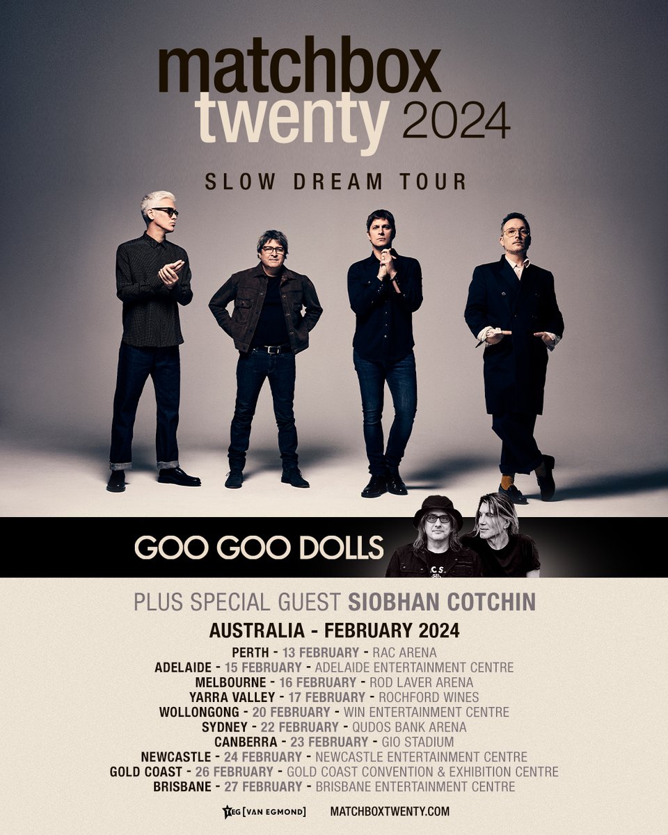 Australia! <a href="/SiobhanCotchin/">Siobhan Cotchin</a> has just been added as support to our 2024 #SlowDreamTour dates with <a href="/googoodolls/">Goo Goo Dolls</a>! Tickets &amp; VIP Packages are available at matchboxtwenty.com.