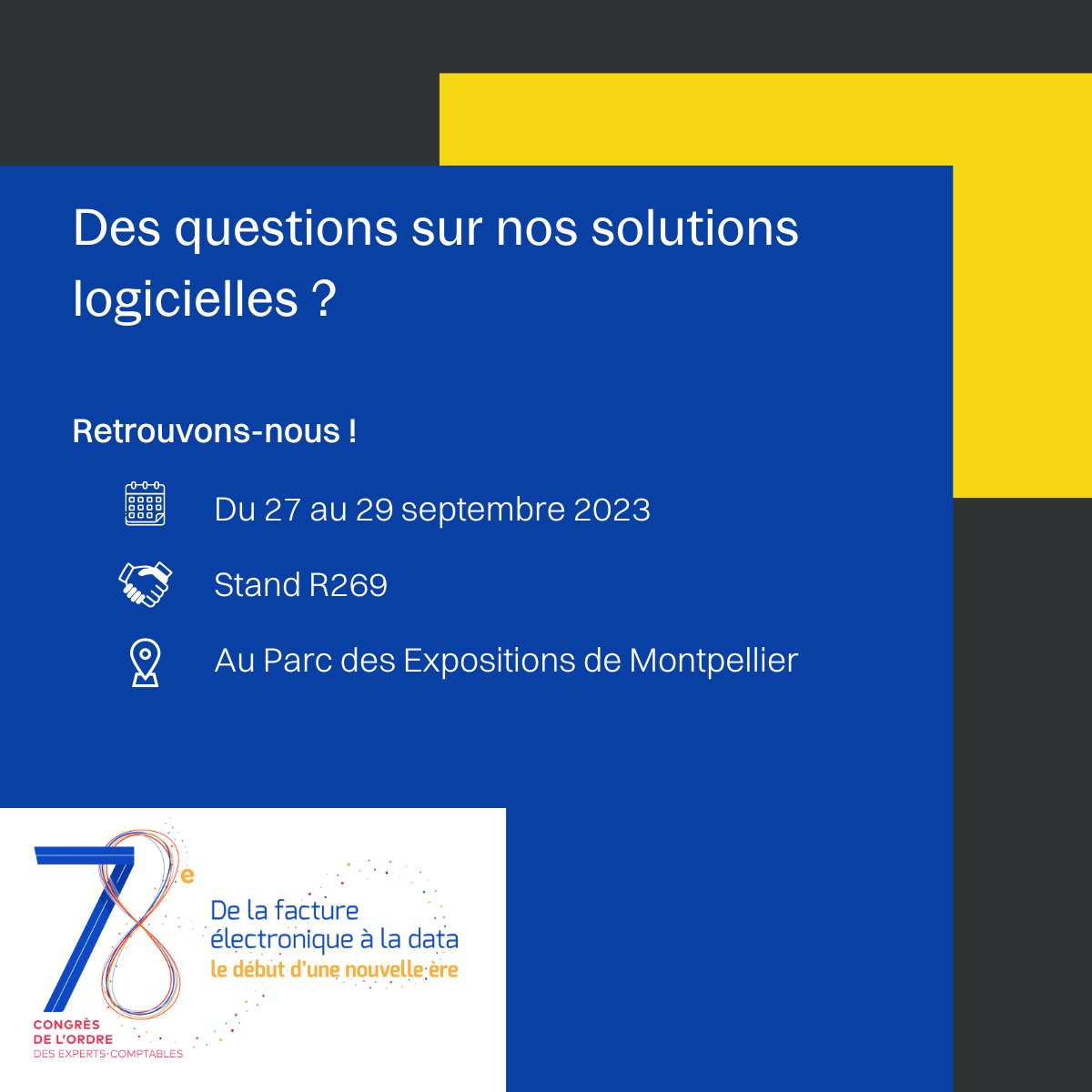 Retrouvons-nous du 27 au 29 septembre à Montpellier pour le 78e Congrès du <a href="/CSOEC/">CNOEC 🚀</a> !
Notre équipe sera ravie de vous rencontrer pour échanger et répondre à vos questions. 

RDV au stand R269 ! 

#expertisecomptable #factureélectronique #data #CongresOEC #caseware #audit