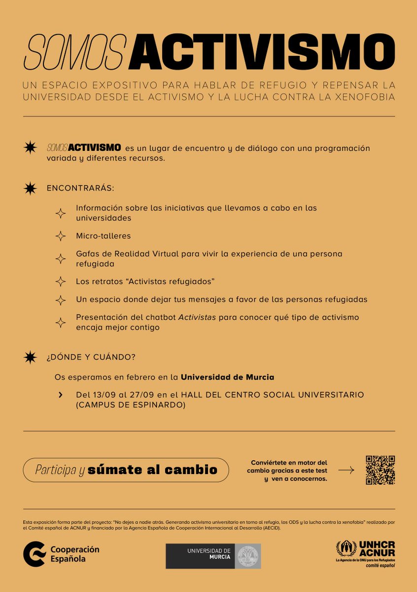 🖼️ Acogemos la exposición 'Somos activistas' junto a @eACNUR. 📆 Del 13-27 de septiembre. 📍🕛 De 9-15h en el hall @CentroSocialUMU de la @UMU. 🗣️ Inaugurarán: @longinosmarin, Marcos Bote (@OficinaSocialUM) y Anna L. Maitilasso (@ACNURspain). ℹ️ um.es/web/oficinasoc…