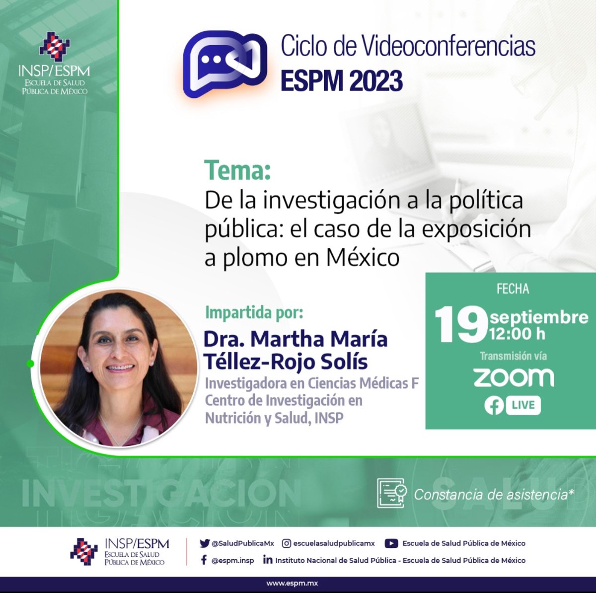 SaludPublicaMx's tweet photo. Agenda la próxima #VCI23: "De la investigación a la política pública: el caso de la exposición a plomo en México" 🇲🇽🔍 con la Dra. Martha María Téllez-Rojo Solís
📅 19 de sept · 12:00 h
💻 En vivo vía Facebook Live y zoom
🚫 Sin registro previo
#SaludPública #ComunidadESPM https://t.co/u4VQNy4f5E