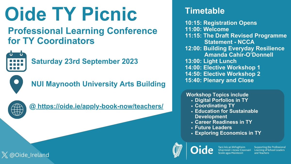 We are delighted to announce that the Oide TY Picnic will take place this year in NUI Maynooth University on Saturday 23rd of September. Booking is now open at oide.ie/apply-book-now…