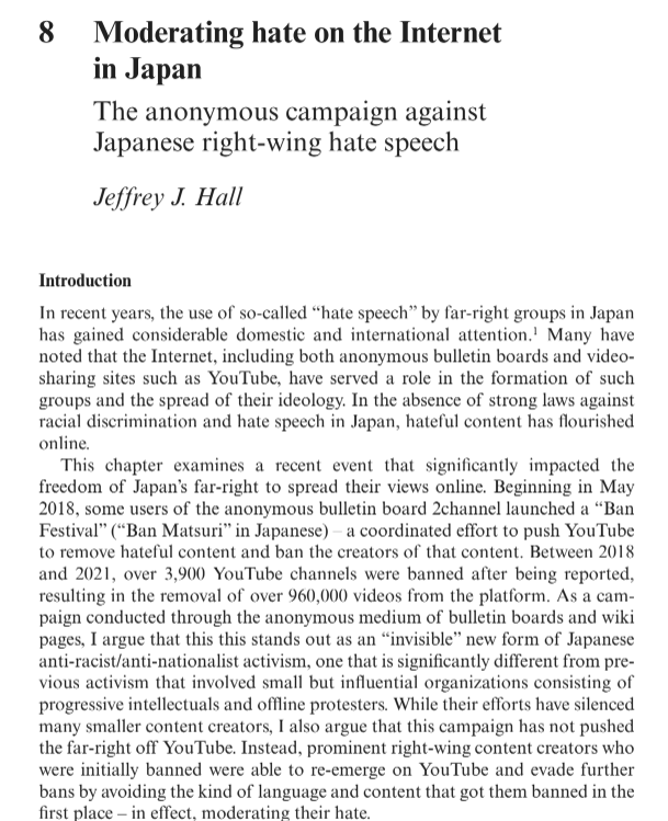 My newest article, "Moderating hate on the Internet in Japan," is now available as a book chapter in National Identity and Millennials in Northeast Asia: Power and Contestations in the Digital Age (Routledge Contemporary Asian Societies Series): routledge.com/National-Ident…