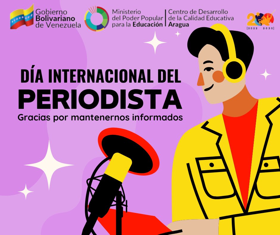 #8Sep Celebramos el Día Internacional del Periodista 
una gran tarea que ejercen día a día quienes se encargan de responder el qué, el quién, el dónde, el cuándo, el cómo y el por qué de lo que sucede en el mundo.
#MaduroEsProteccionSocial 
<a href="/NicolasMaduro/">Nicolás Maduro</a> 
<a href="/_LaAvanzadora/">Yelitze Santaella</a>