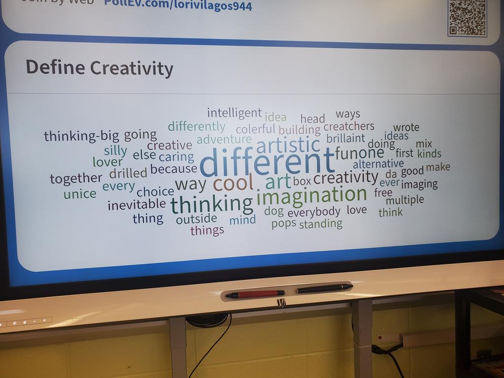 ArtsyMxV's tweet photo. Artists I fifth grade took the #creativity challenge today. Here were their thoughts using #pollev on what they predicted it meant to be a creative thinker. @BraggSchoolCSD #wearechesternj #k12artchat #braggart #artteacher #edtech https://t.co/25UHKyLncS