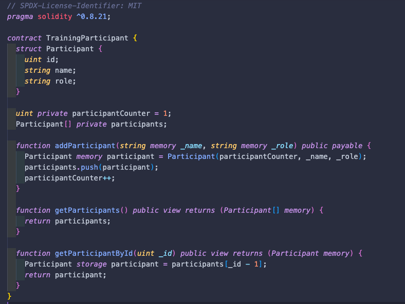 gading_coder's tweet photo. yuk, belajar basic Solidity. 

yang mau liat Smart Contractnya: 
https://t.co/sPiaTTKN5n

jd ini program Solidity sederhana yang baru gw deploy ke Testnet, kita bisa nambahin data "Participant" ke blockchain.

ya, data yang tersimpan akan bersifat permanen. yuk kita coba execute Smart Contractnya 👇