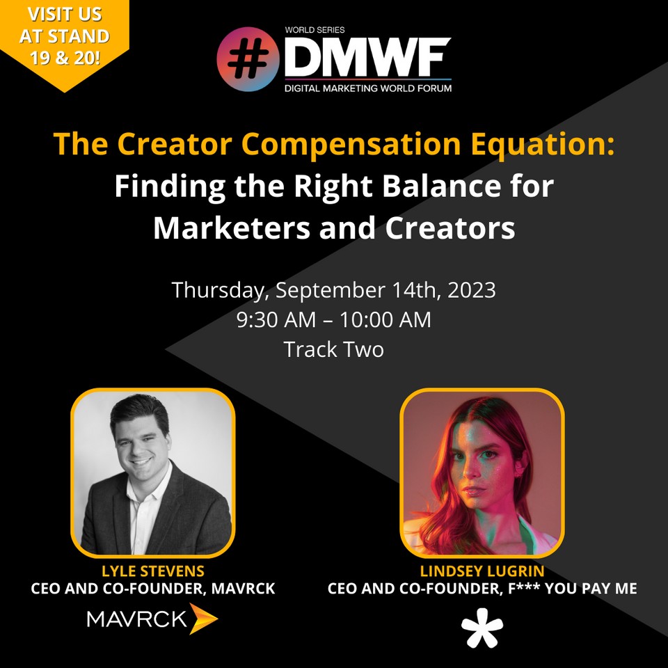 LAST CHANCE: Reserve your spot at #DMWF next week in Miami! ⁠

⁠⭐ Hear Lyle Stevens (CEO and Co-Founder of Mavrck) and Lindsey Lugrin (CEO and Co-founder of F*** You Pay Me) discuss the crucial topic of creator pay for brands. ⁠

Save your spot.👇️

bit.ly/3Zpunn3