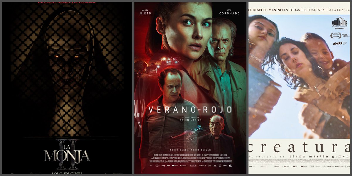 Estrenos 08/09/23
N° cines

#LaMonja2 325
#VeranoEnRojo 209
#Creatura 69
#PandaVsAliens 56
#LasDosCarasDeLaJusticia 43
#IsabelIIRetratoDeUnaReina 35
#AlmaMahlerLaPasión 31
#ElValleDeLaEsperanza 27
#Karnawal 14
#FumarProvocaTos 5