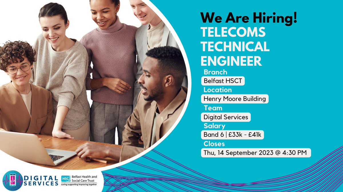 BHSCT_IT's tweet photo. We are recruiting for a Band 6 Telecoms Technical Engineer

The post holder will assist with day-to-day operations.
For more information, or to apply:

https://t.co/tIl4rv8ZXe

Closing date: Thursday, 14 September 2023 at 4:30 PM

Be Proud, Be Part of It. https://t.co/LvfDuoBnjz