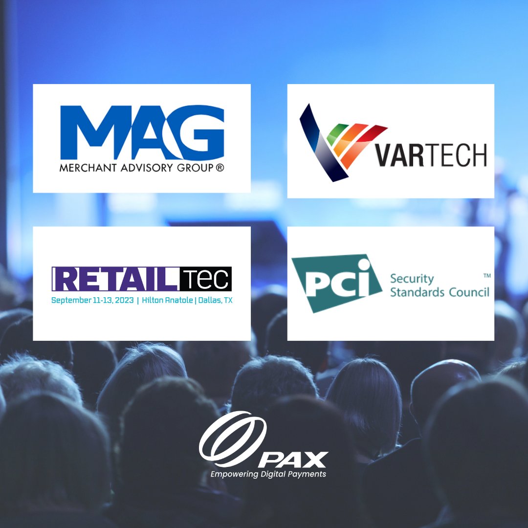 paxtechnology's tweet photo. Meet w/our PAX teams & check out the demos of our latest innovations & solutions! @magpayments, 9/10-13, Booth#83; @Think_BlueStar's VARTECH 9/11-12, Booth#636; RetailTEC, 9/11-13; & @PCISSC, 9/12-14, Booth#31 #MAGTechForum #VARTECH2023 #RetailTEC #PCINACM23 #paymentsolutions https://t.co/l7O5IdwvXK