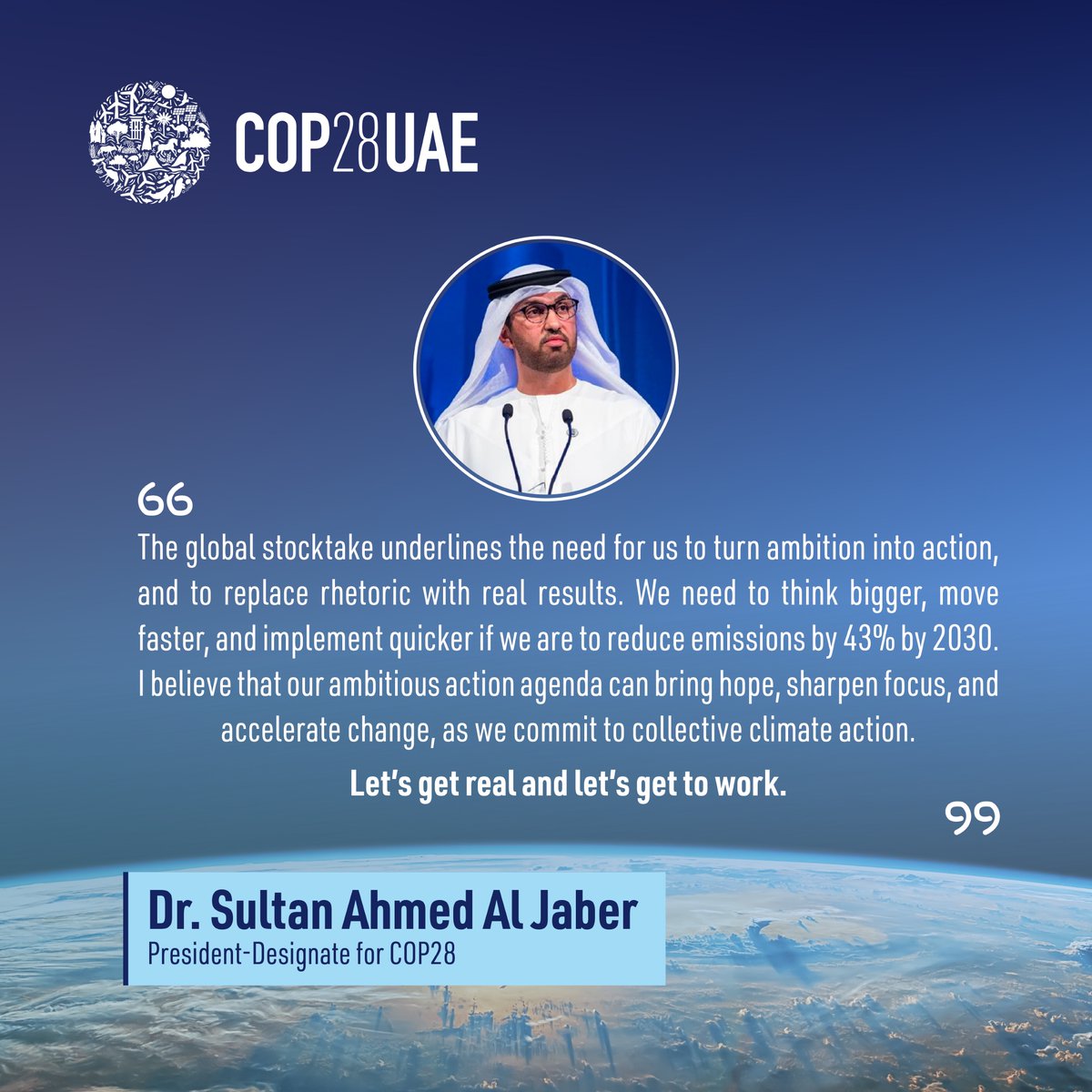 COP28_UAE's tweet photo. The #GST highlights the urgent, collective and collaborative #ClimateAction required to achieve a 43% emissions reduction by 2030.

The #COP28 Action Agenda provides a rigorous framework to sharpen focus and accelerate progress. 
Read more: https://t.co/oA8l8TyPl9 https://t.co/QEYCytuL3k