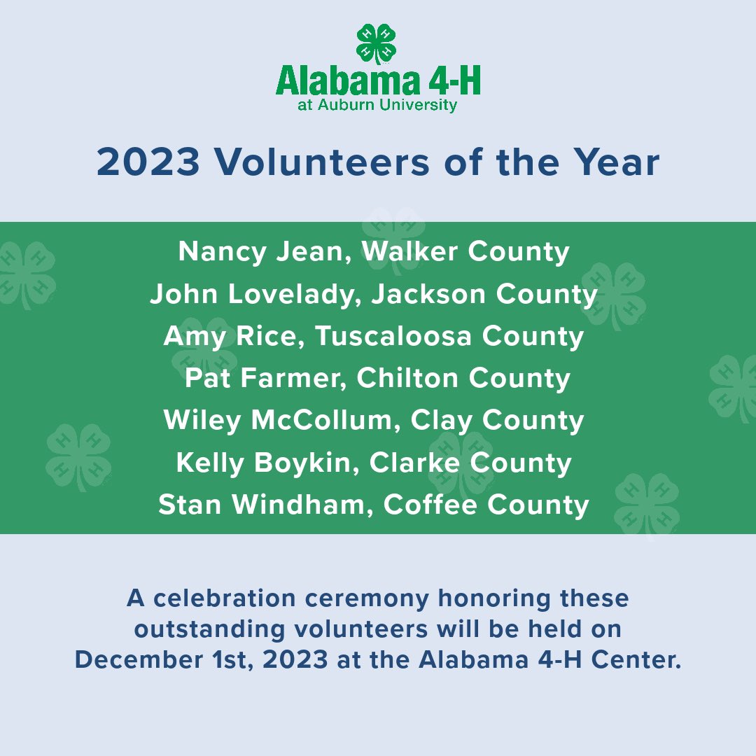 Join us in congratulating the 2023 Alabama 4-H Volunteers of the Year! We will celebrate their accomplishments on December 1st, 2023 at the Alabama 4-H Center. 

Thank you, volunteers, for helping our Alabama 4-Hers find their spark! ✨