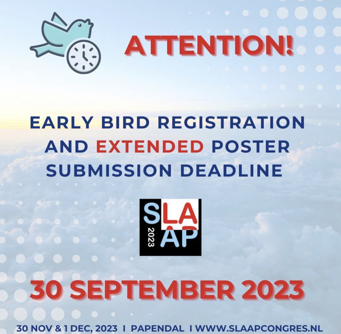 📣 Calling all Early Birds!! 30 September is the deadline to register for discounted fees for SLAAP2023! We're also extending the poster submission deadline to the same date. Act fast to secure your spot!
Register now --> eventure-online.com/eventure/login…
or visit slaapcongres.nl
