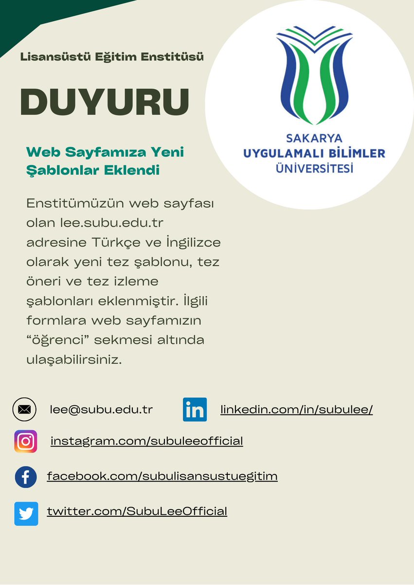 Enstitü web sayfamıza yeni şablonlar eklenmiştir. Değerli öğrencilerimize duyurulur. lee.subu.edu.tr 🖥️