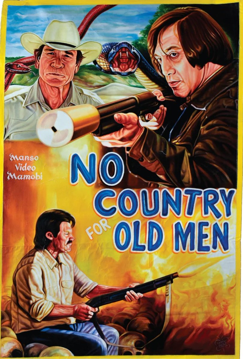 TheFilmFair's tweet photo. Film poster from Ghana for #NoCountryForOldMen (2007 - Dir. #JoelCohen #EthanCohen) #TommyLeeJones #JavierBardem #JoshBrolin https://t.co/aWzdtUQoWN