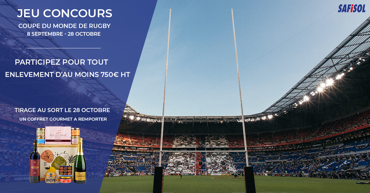 SafisolFrance's tweet photo. JEU CONCOURS SAFISOL

👉 Safisol lance un concours du 8/09 au 28/10 dans toutes ses agences, à l’occasion de la coupe du monde de rugby !

Participez au tirage au sort pour tout enlèvement d’une valeur de 750€ ou plus. (Limité à 1 fois par personne.) https://t.co/rCgjYB8tKk