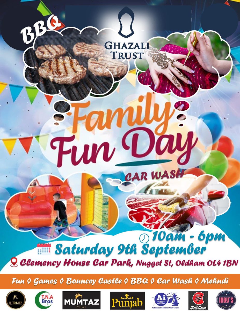 Join us tomorrow for a Family Fun Day, BBQ and Car Wash with bouncy castles, henna, dessert stalls and more! Take advantage of the amazing weather this weekend and bring along your family and friends! Also, a very big sponsors to all our local sponsors below!