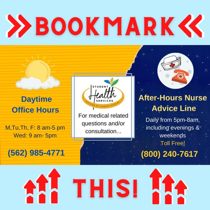 csulbwellness's tweet photo. πβοΈ Did you know we have an After-Hours Nurse Advice Line? βοΈπ
CSULB Student Health Services is committed to provide the best available medical health and resources to its students, day and night, 24/7. π¦ππ
#gobeach #csulbshs #nobarriers #collegehealth #lbsu https://t.co/m1EzhMNSJv