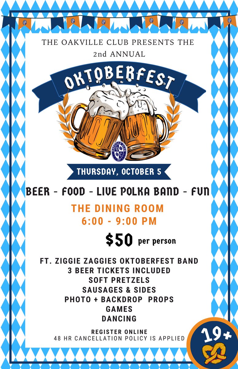 THEOAKVILLECLUB's tweet photo. We have a critical Wiesn for this post: our #Oktoberfest 🥨🍻🌭 party has been announced! Thursday, October 5: Members &amp; their guests can sign up online for our 2nd Annual Oktoberfest Party at The Oakville Club. Dress in your snazziest dirndl or lederhosen &amp; polka on over. Prost! https://t.co/n3C1fdmVxn