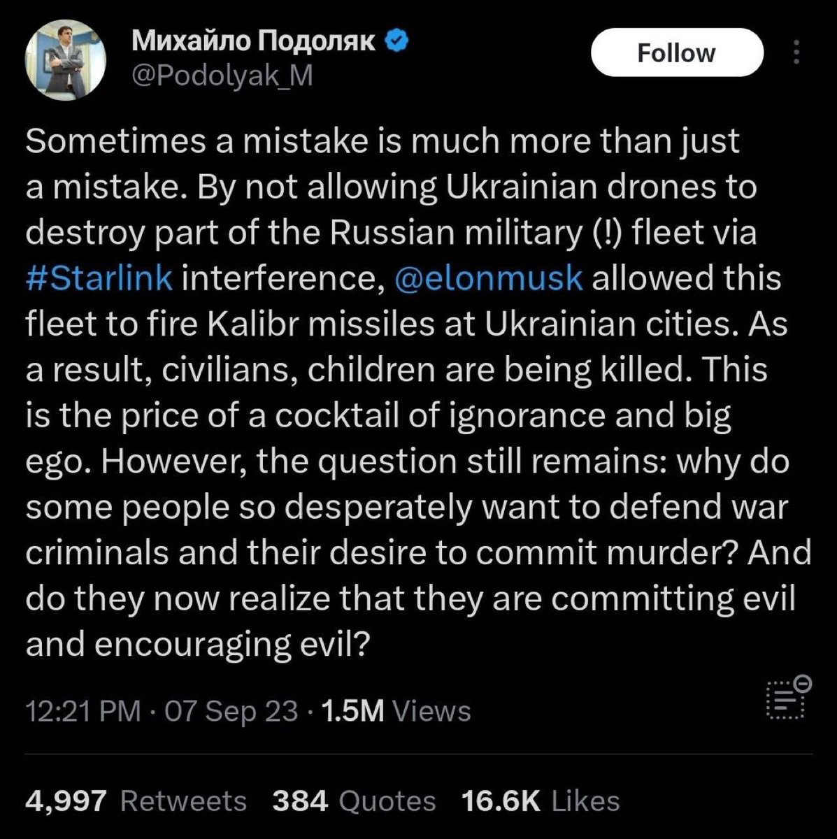 A top advisor to Zelensky states that Elon Musk's decision to assist Russia by disabling Starlink for the Ukrainians led to the deaths of civilians, including children.
