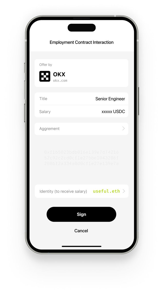 usefulETH's tweet image. 💡Daily Ideas:
&quot;Employment&quot; Contract Interaction
Use your wallet to sign a web3 job offer.