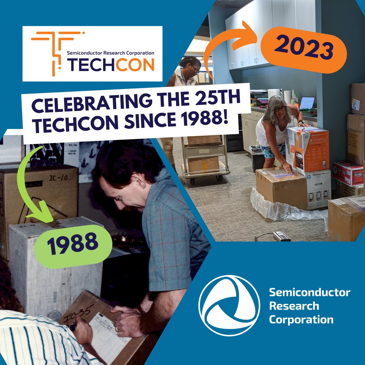 Some things never change! It's the 25th TECHCON since 1988, and Jacqui Hall & Lisa Green are packing boxes to send to #TECHCON2023 in Austin next week. Michael D. Connelly had the right idea back in 1988. 😎 We are looking forward to seeing y'all there! #connectinginnovators